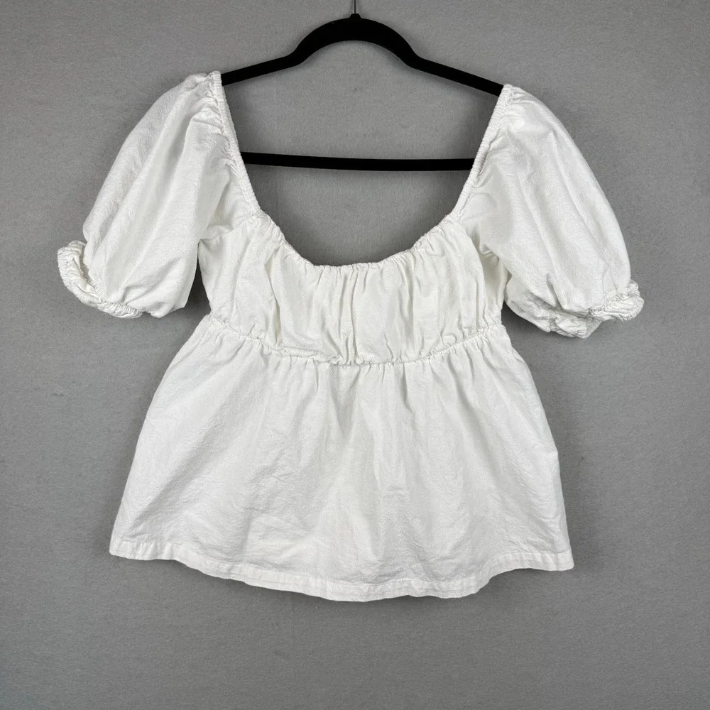 Free‎ People White Cotton Puff Sleeve Tie Back Milkmaid Peplum Blouse XS
